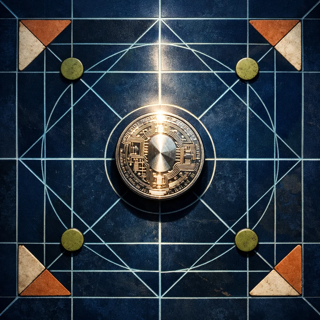Geometrische crypto munten in terracotta en aegeïsch blauw